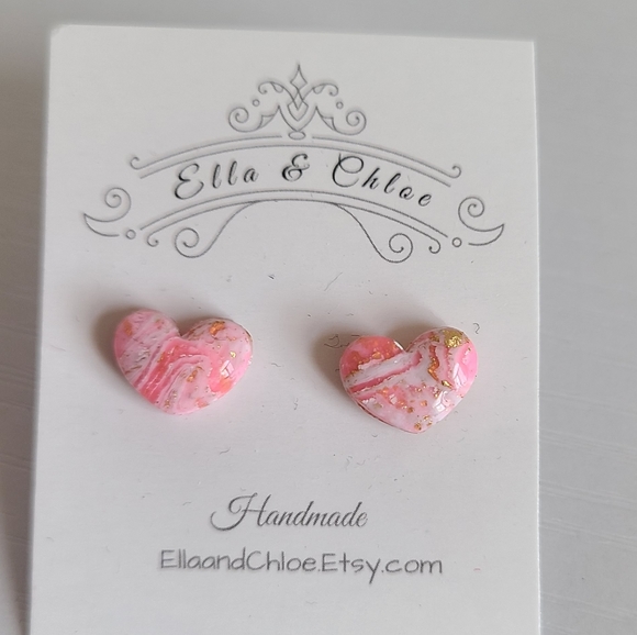 Handcrafted Dainty Pink White Gold Agate Gemstone Mini Heart Resin Stud Earrings - Picture 1 of 9